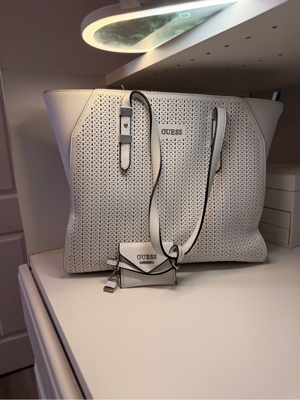 GUESS White Perforated Tote with Matching Mini Pouch